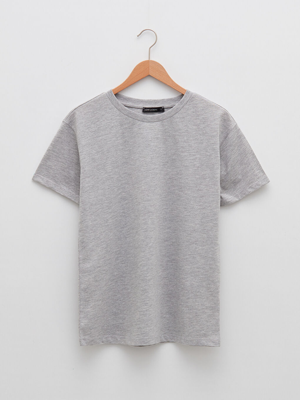 Gri Bisiklet Yaka Düz Kısa Kollu Pamuklu Kadın Tişört-6