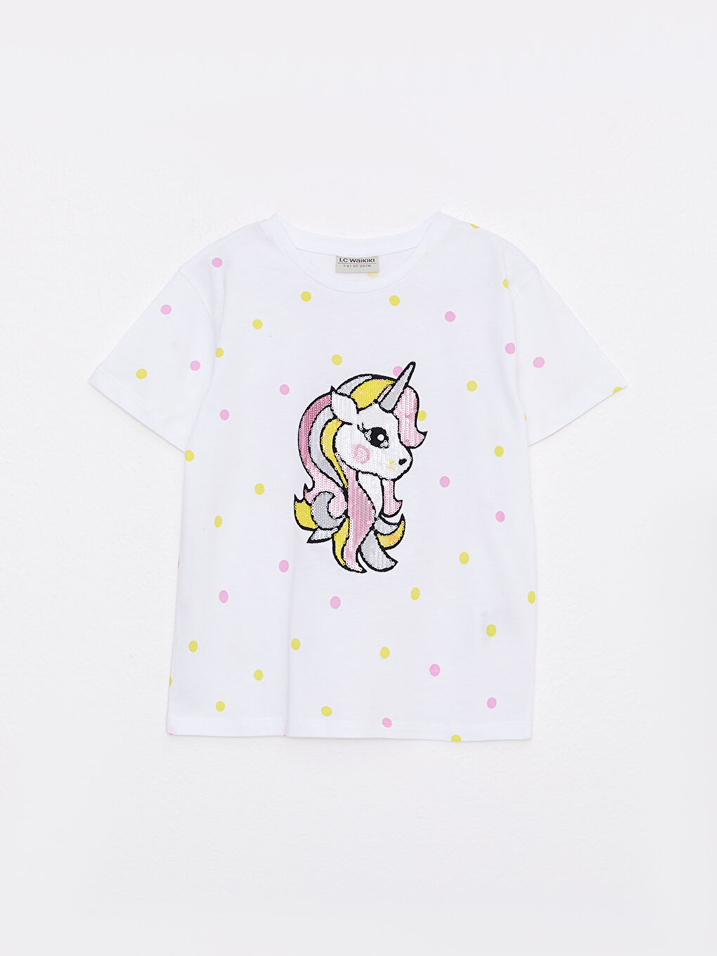 Beyaz Bisiklet Yaka Baskılı Pul İşlemeli Kısa Kollu Kız Çocuk Tişört