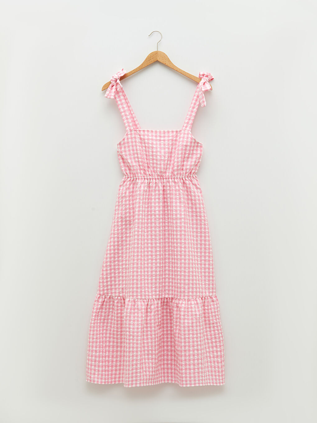 Pembe Kare Yaka Ekose Askılı Kadın Elbise-6