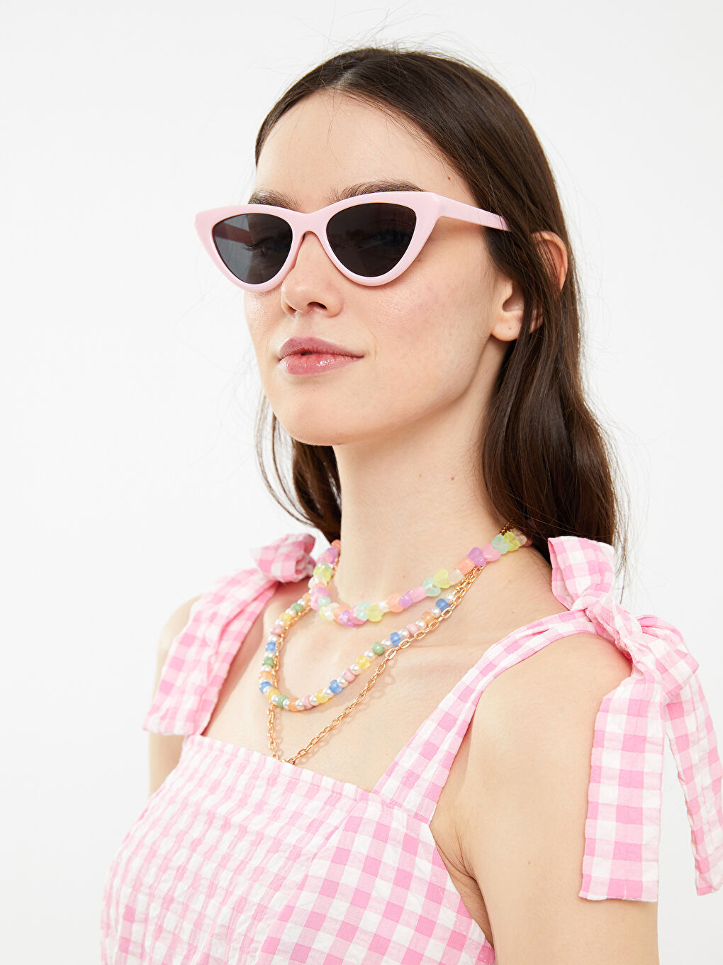 Pembe Kare Yaka Ekose Askılı Kadın Elbise-2