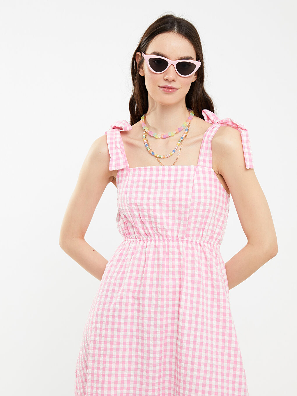 Pembe Kare Yaka Ekose Askılı Kadın Elbise-3