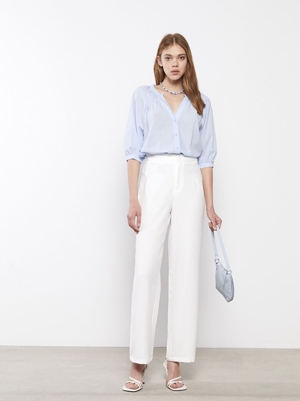 Beyaz Kadın Rahat Kalıp Düz Pantolon-1