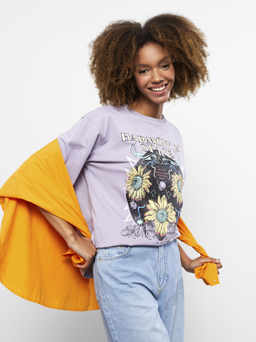 Lila Bisiklet Yaka Baskılı Kısa Kollu Pamuklu Kadın Tişört