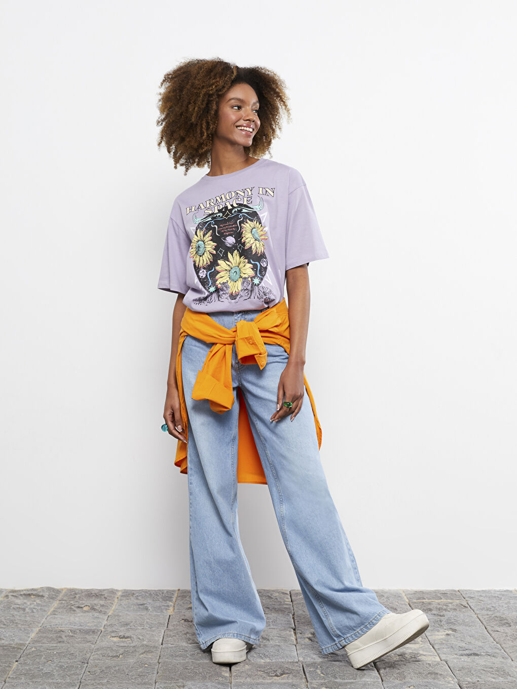 Lila Bisiklet Yaka Baskılı Kısa Kollu Pamuklu Kadın Tişört-2