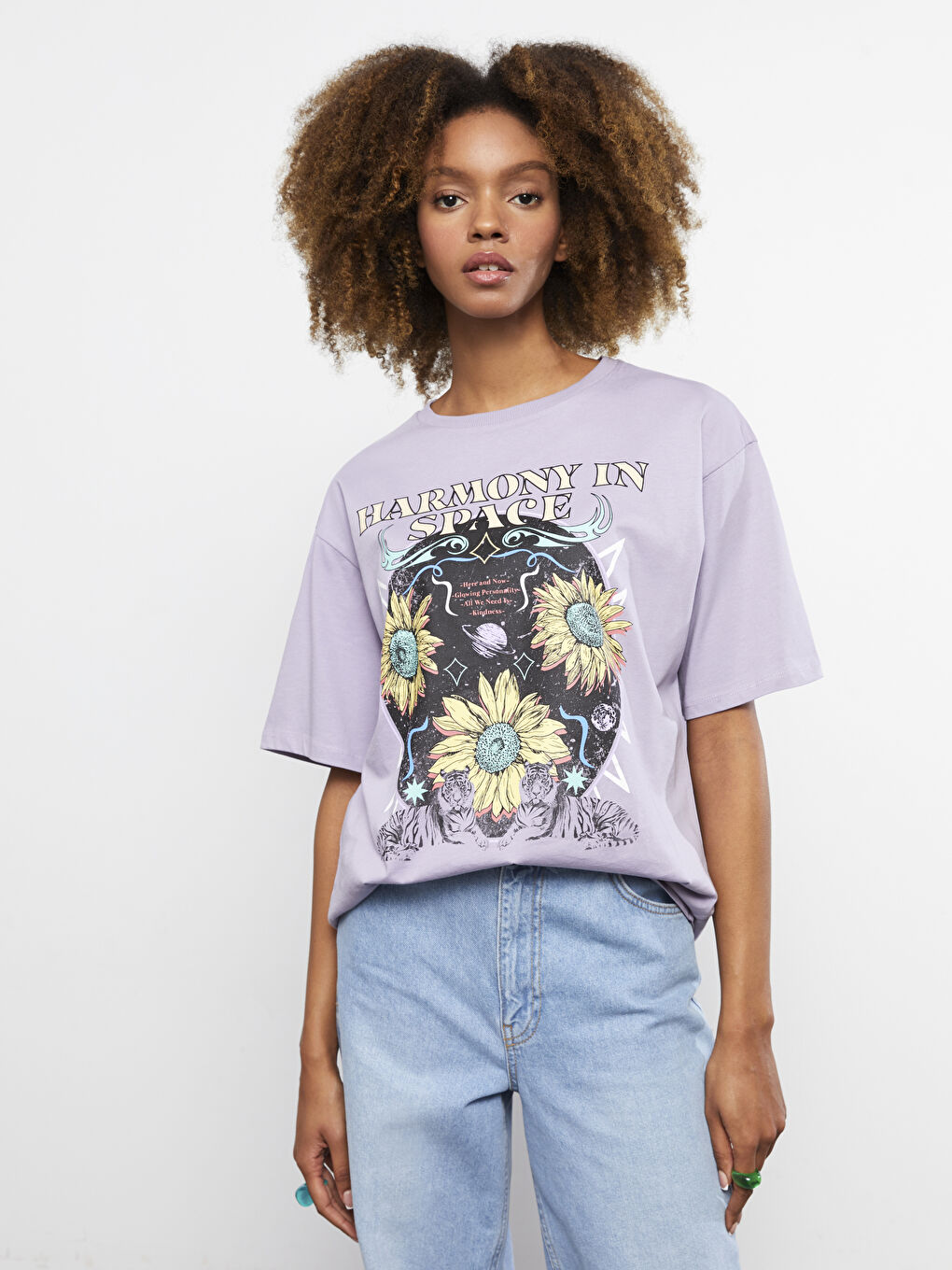 Lila Bisiklet Yaka Baskılı Kısa Kollu Pamuklu Kadın Tişört-3