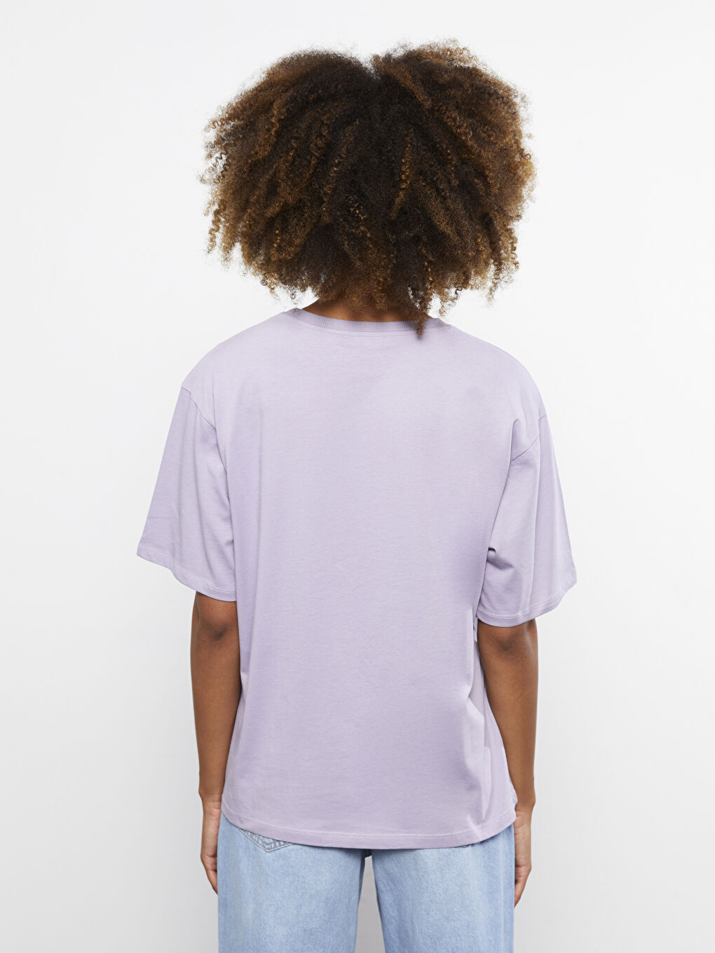 Lila Bisiklet Yaka Baskılı Kısa Kollu Pamuklu Kadın Tişört-5
