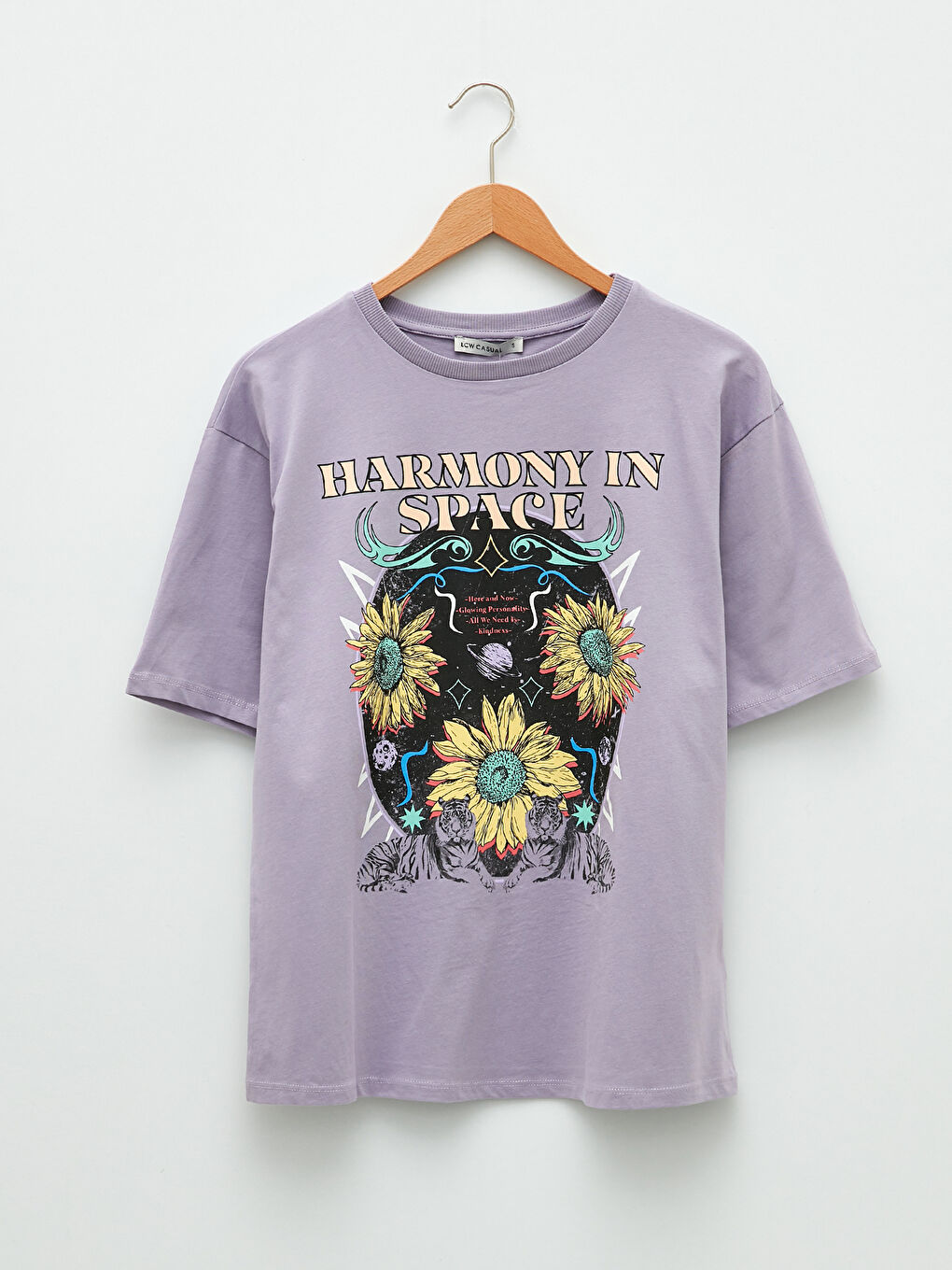 Lila Bisiklet Yaka Baskılı Kısa Kollu Pamuklu Kadın Tişört-6