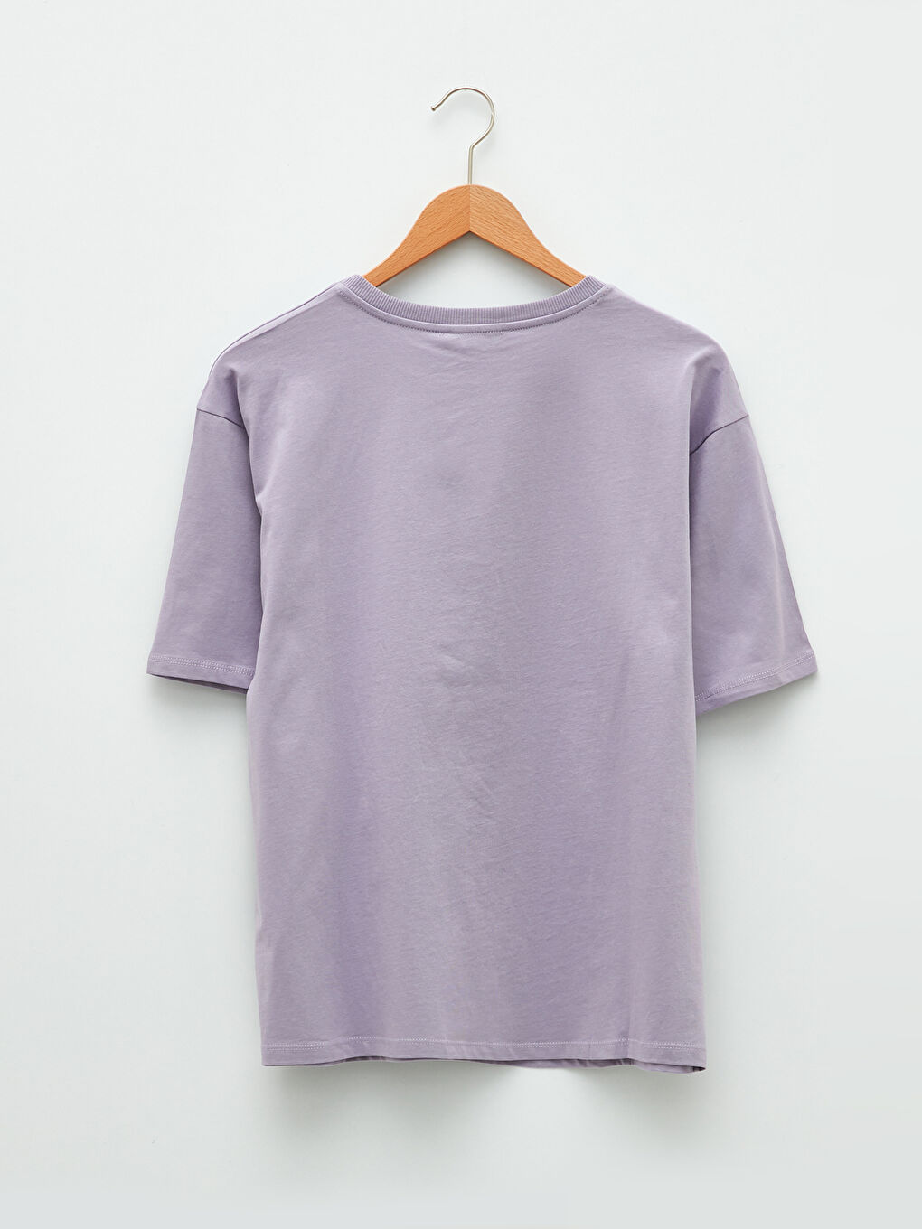 Lila Bisiklet Yaka Baskılı Kısa Kollu Pamuklu Kadın Tişört-7
