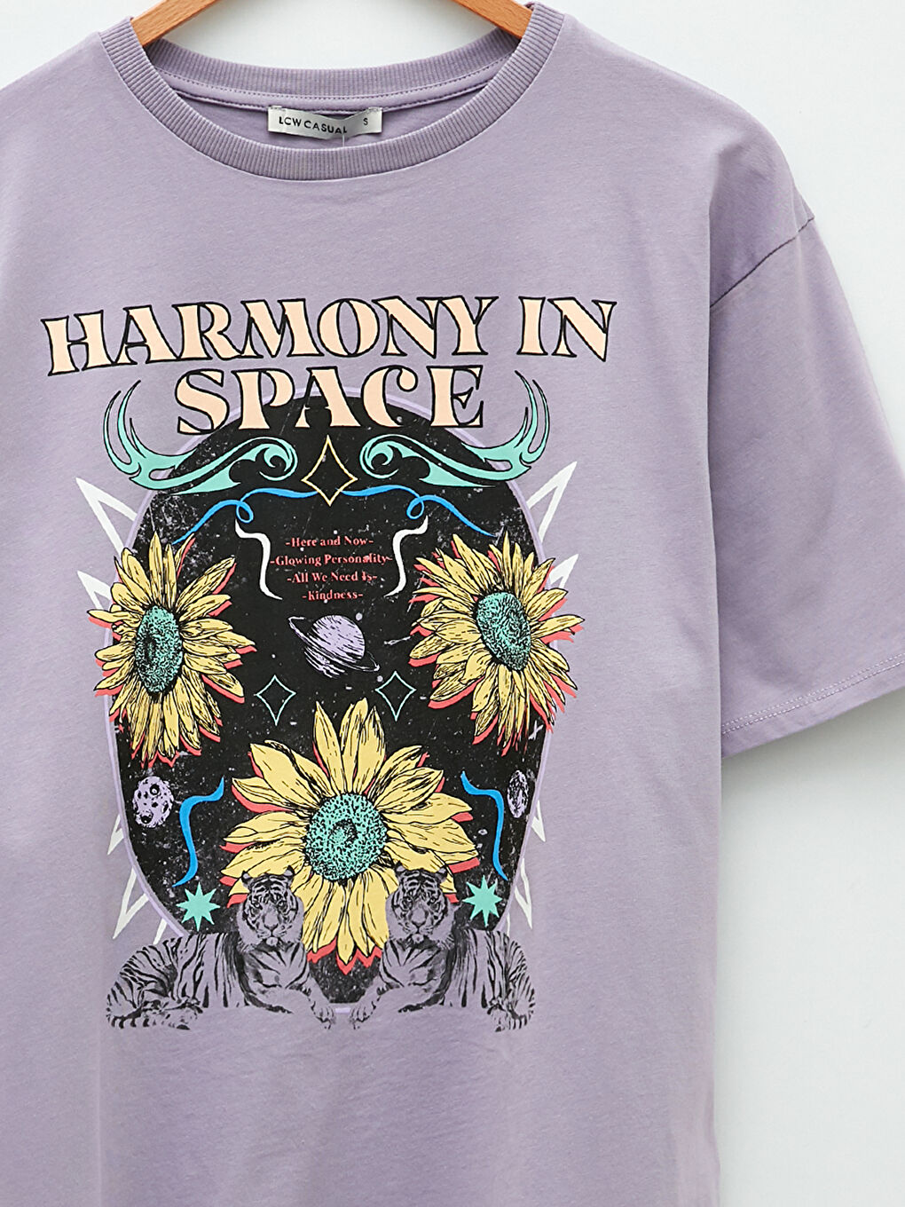 Lila Bisiklet Yaka Baskılı Kısa Kollu Pamuklu Kadın Tişört-8