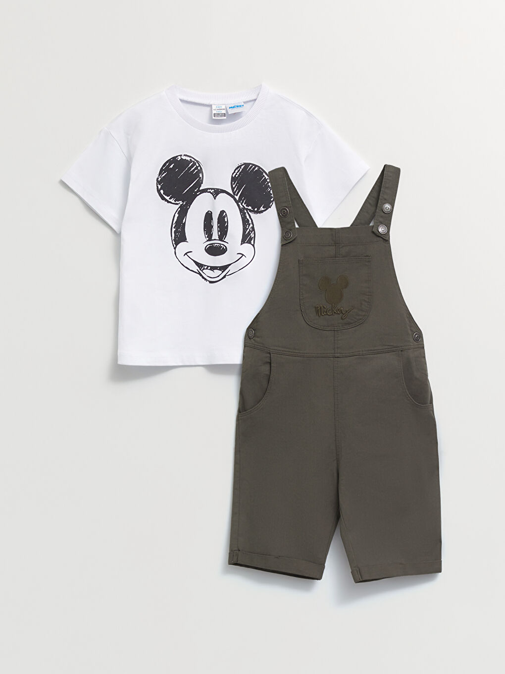 Crew Neck Short Sleeve Mickey Mouse Printed Baby Boy T-Shirt and Salopet 2-Pack Set