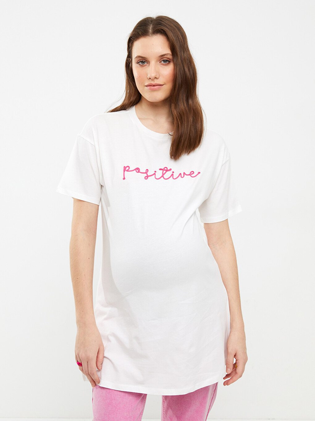 Crew Neck Printed Short Sleeve Cotton Maternity Tunic-1