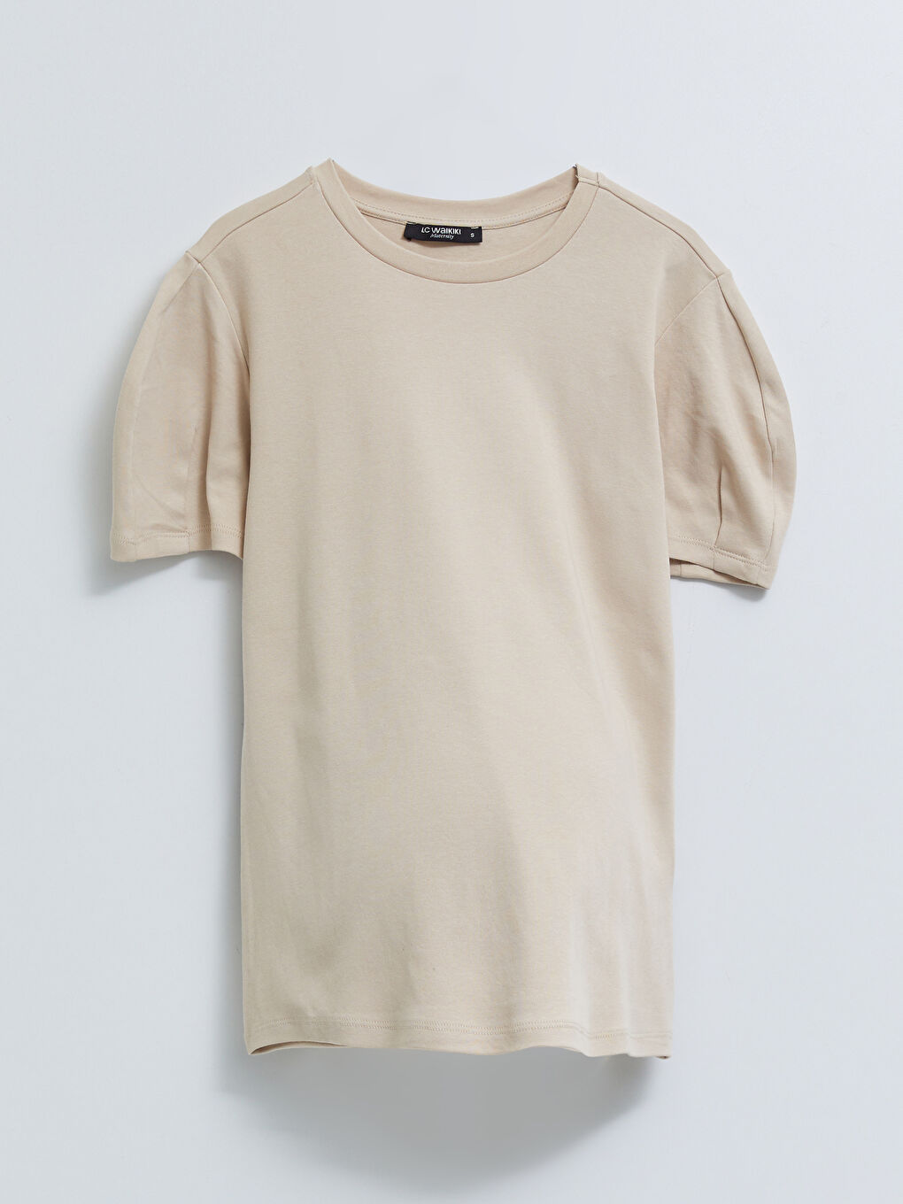 Bej Bisiklet Yaka Düz Kısa Kollu Pamuklu Hamile Tişört-5