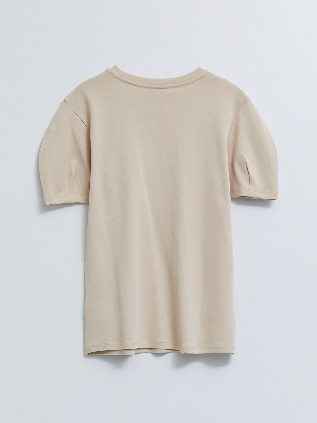 Bej Bisiklet Yaka Düz Kısa Kollu Pamuklu Hamile Tişört-6