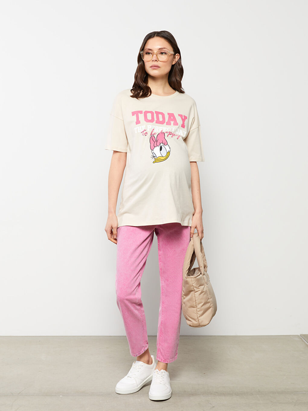 Crew Neck Daisy Duck Printed Short Sleeve Cotton Maternity T-Shirt