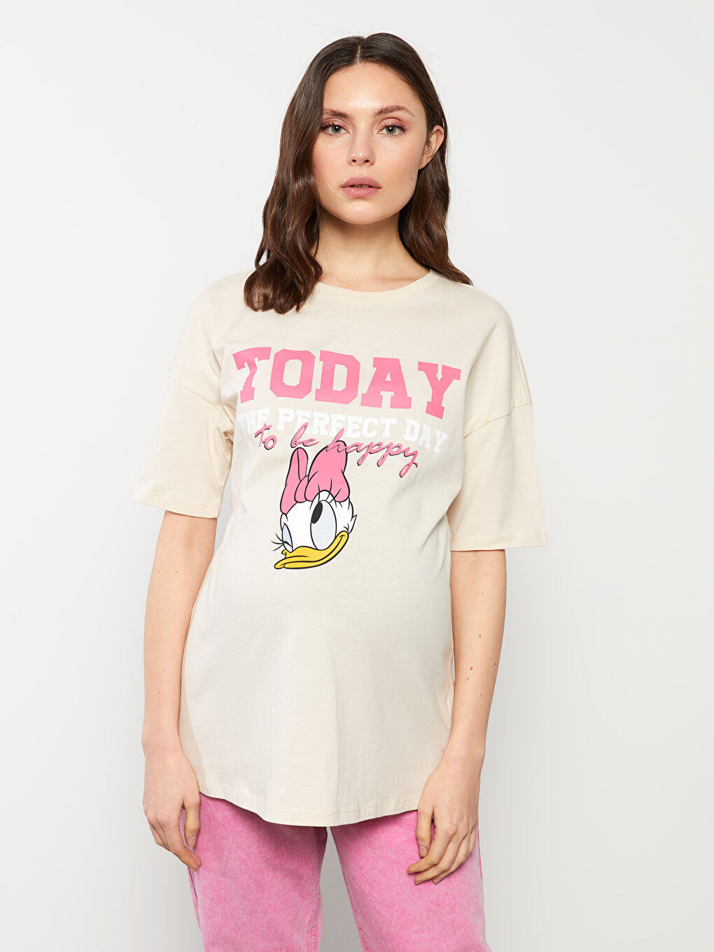 Crew Neck Daisy Duck Printed Short Sleeve Cotton Maternity T-Shirt-2