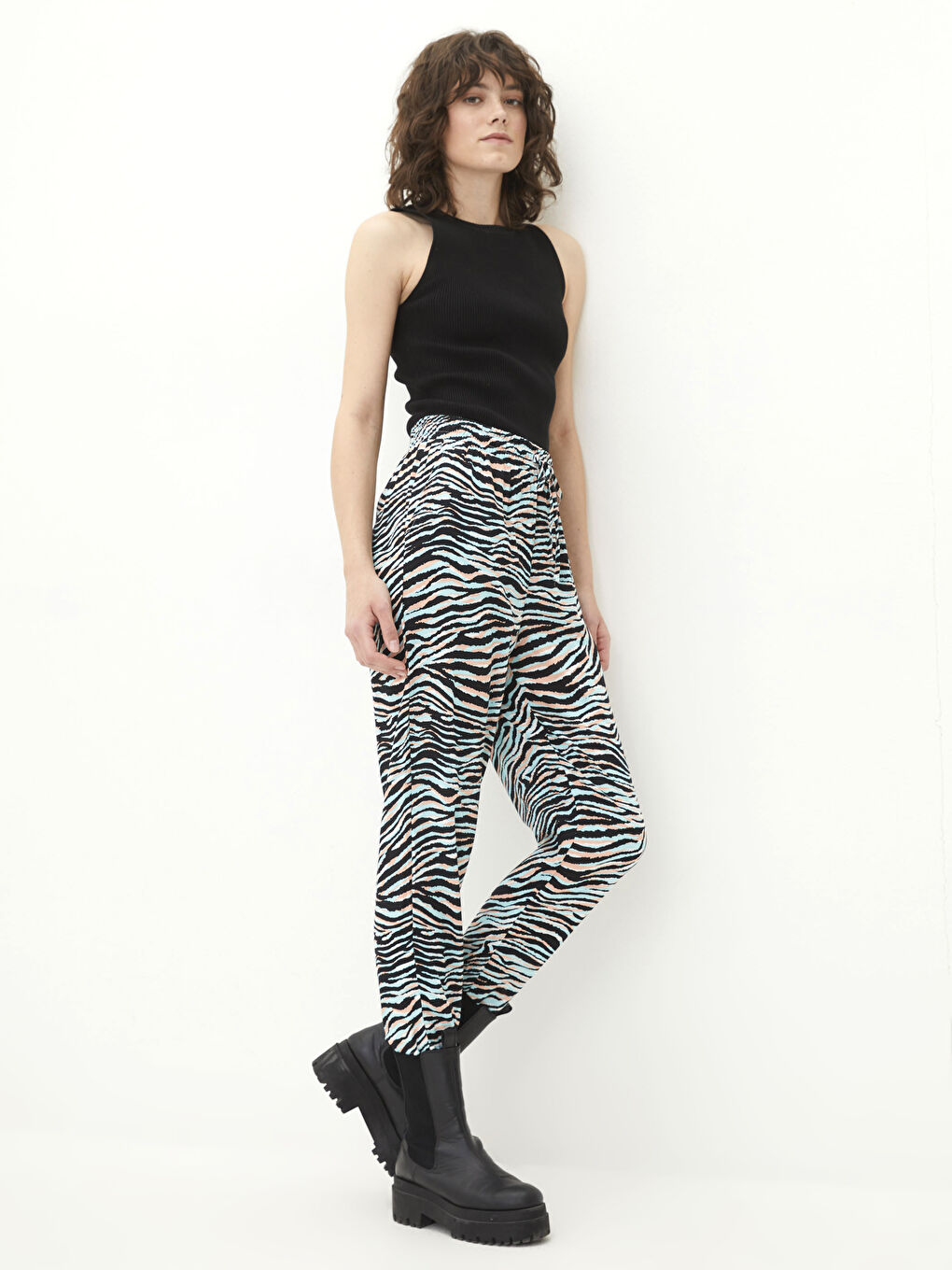 Pantalon en Popeline à Taille Élastique avec Motif et Détails de Poches pour Femmes