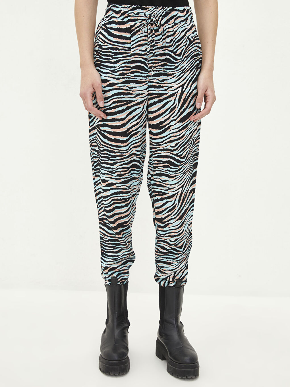 Pantalon en Popeline à Taille Élastique avec Motif et Détails de Poches pour Femmes-1