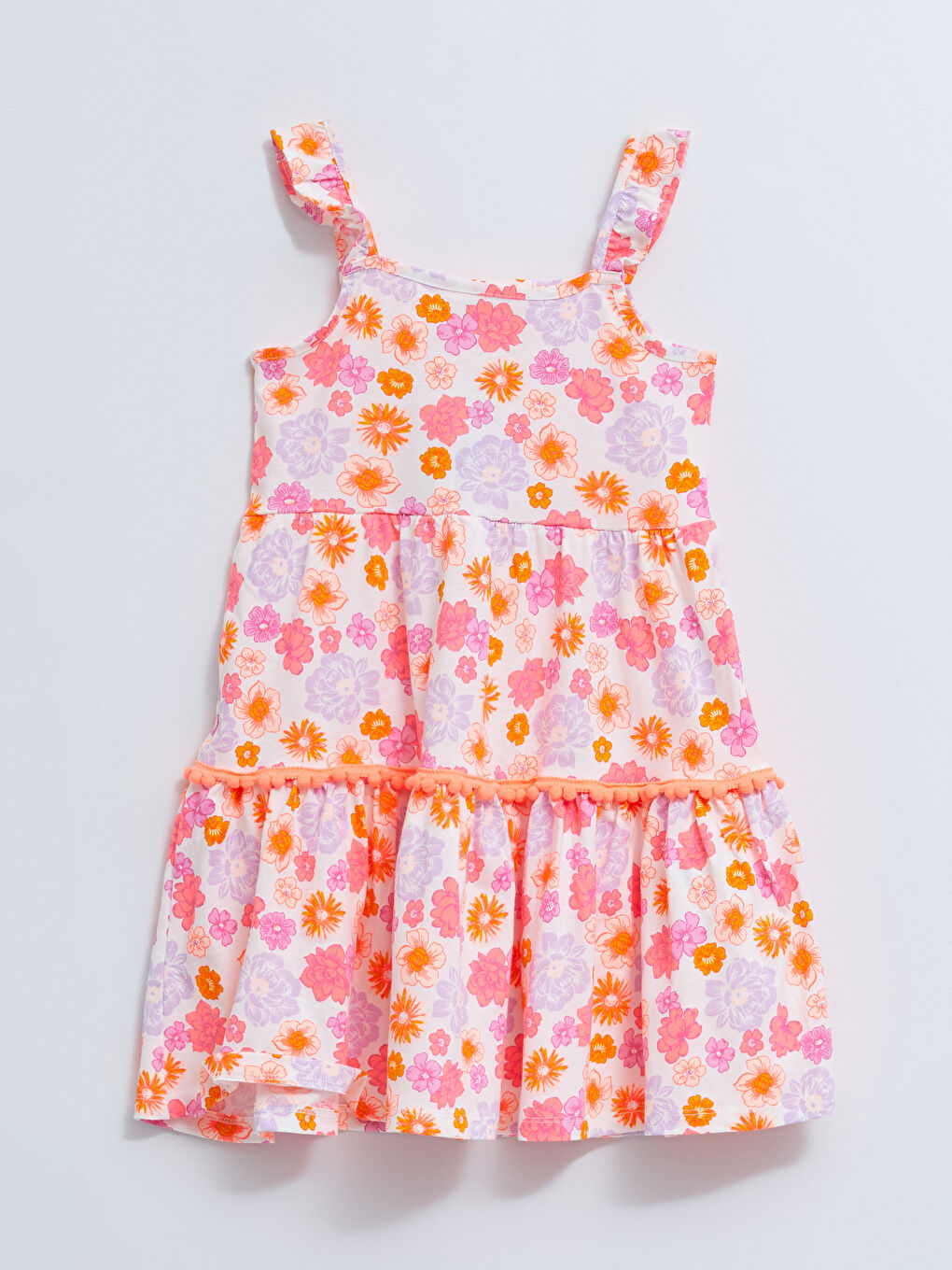 Ekru Kare Yaka Baskılı Askılı Kız Çocuk Elbise