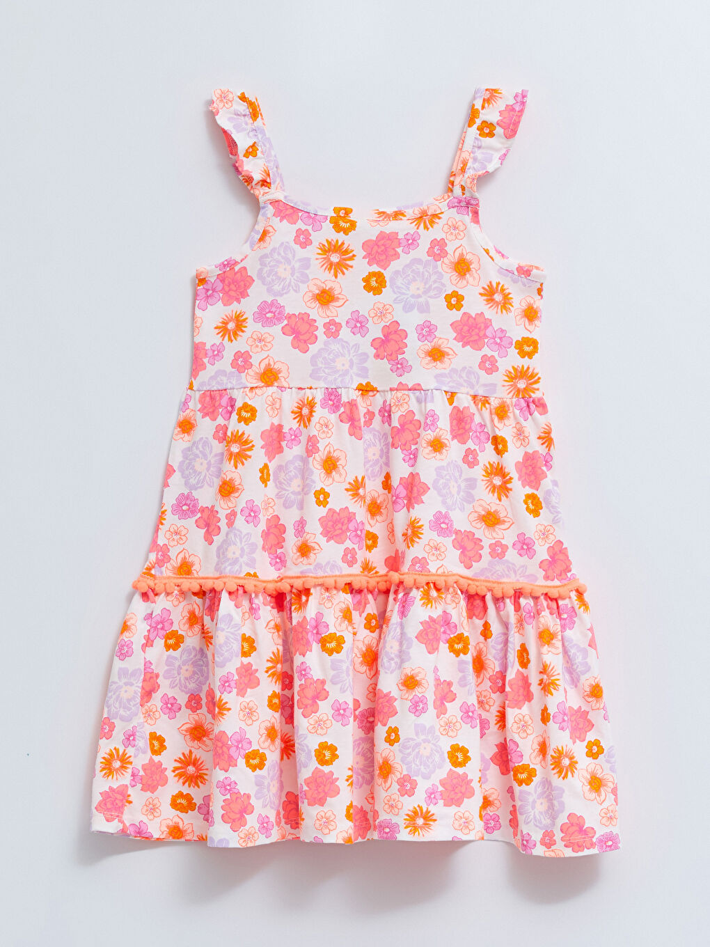 Ekru Kare Yaka Baskılı Askılı Kız Çocuk Elbise-1