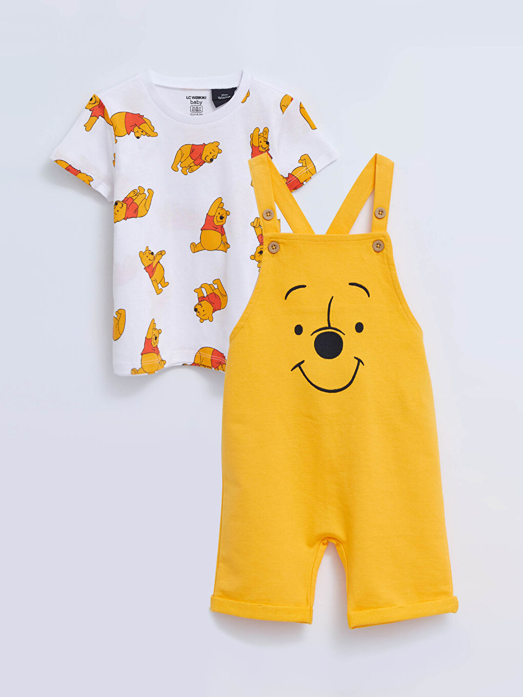 Crew Neck Short Sleeve Winnie the Pooh Printed Baby Boys' T-Shirt and Dungarees 2 Pack Set