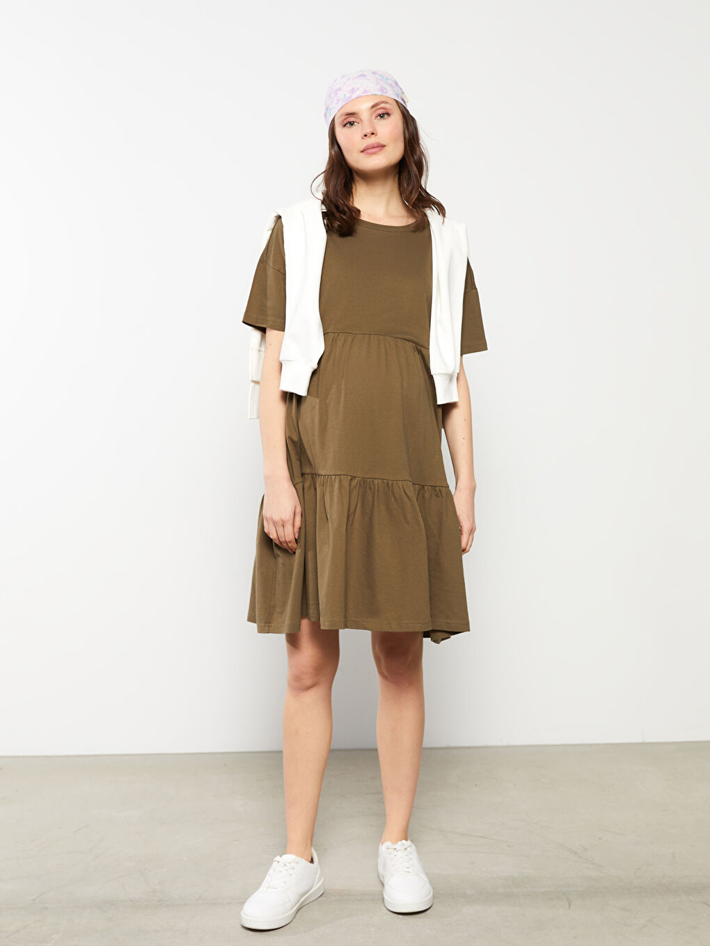 Crew Neck Straight Short Sleeve Cotton Maternity Dress -S2G641Z8-GYA