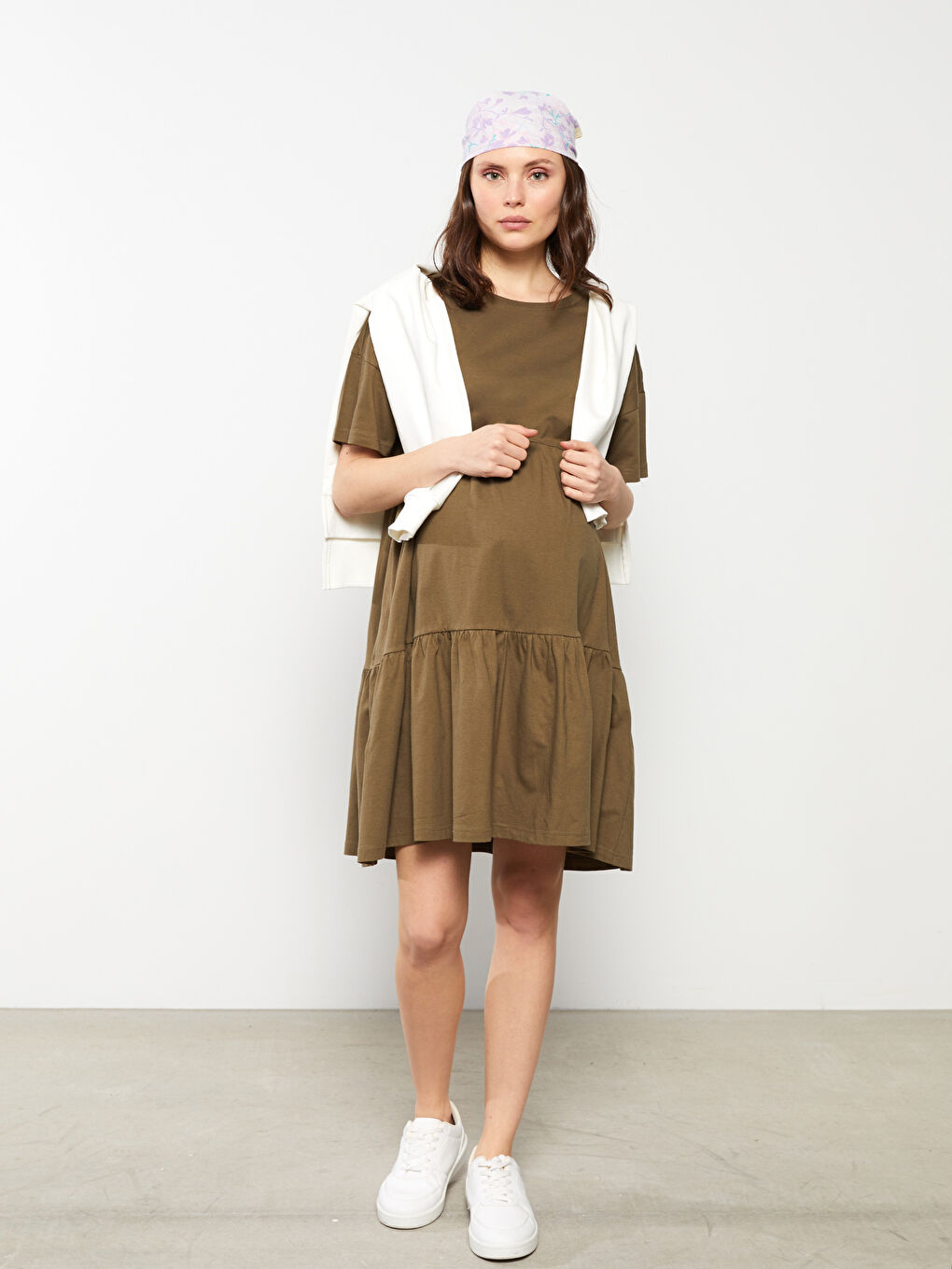 Crew Neck Straight Short Sleeve Cotton Maternity Dress -S2G641Z8-GYA