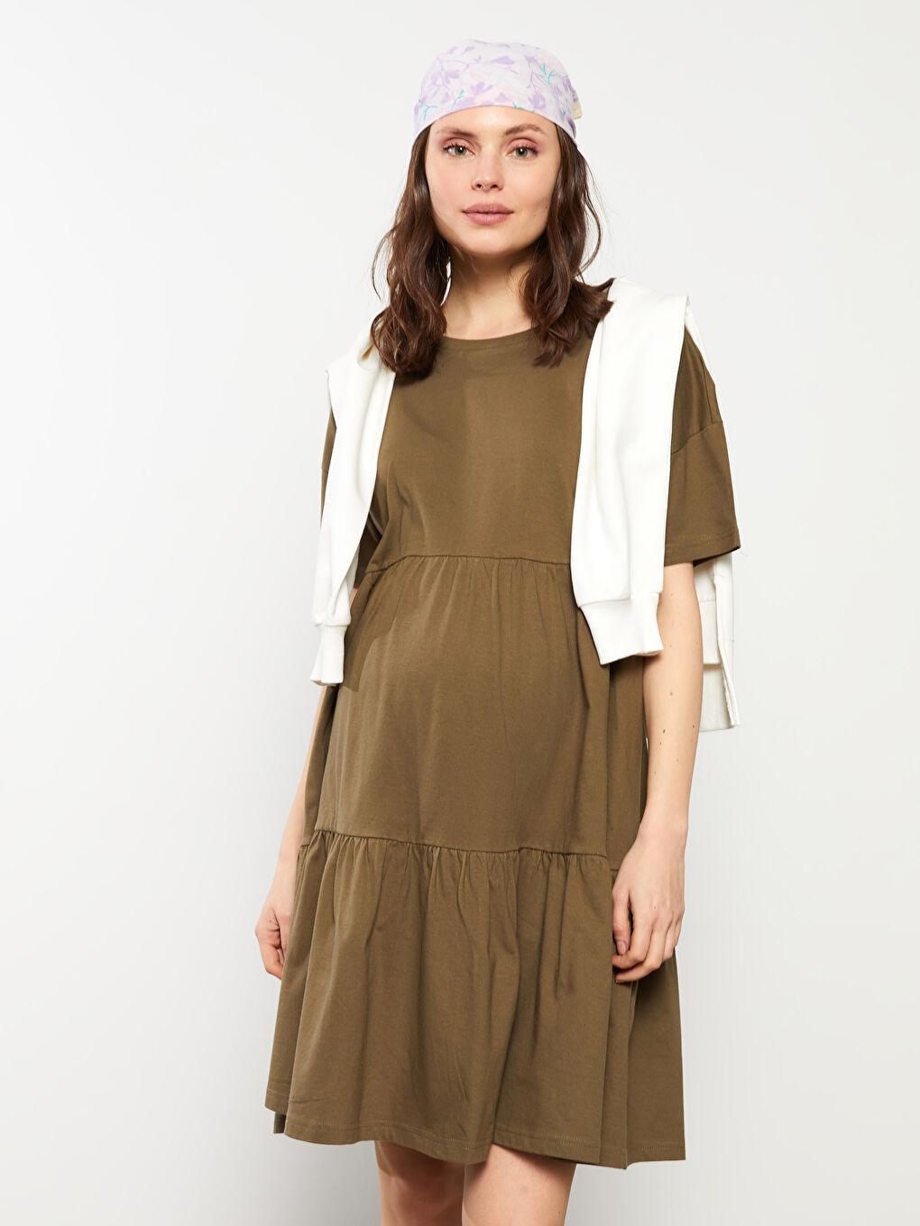 Crew Neck Straight Short Sleeve Cotton Maternity Dress -S2G641Z8-GYA