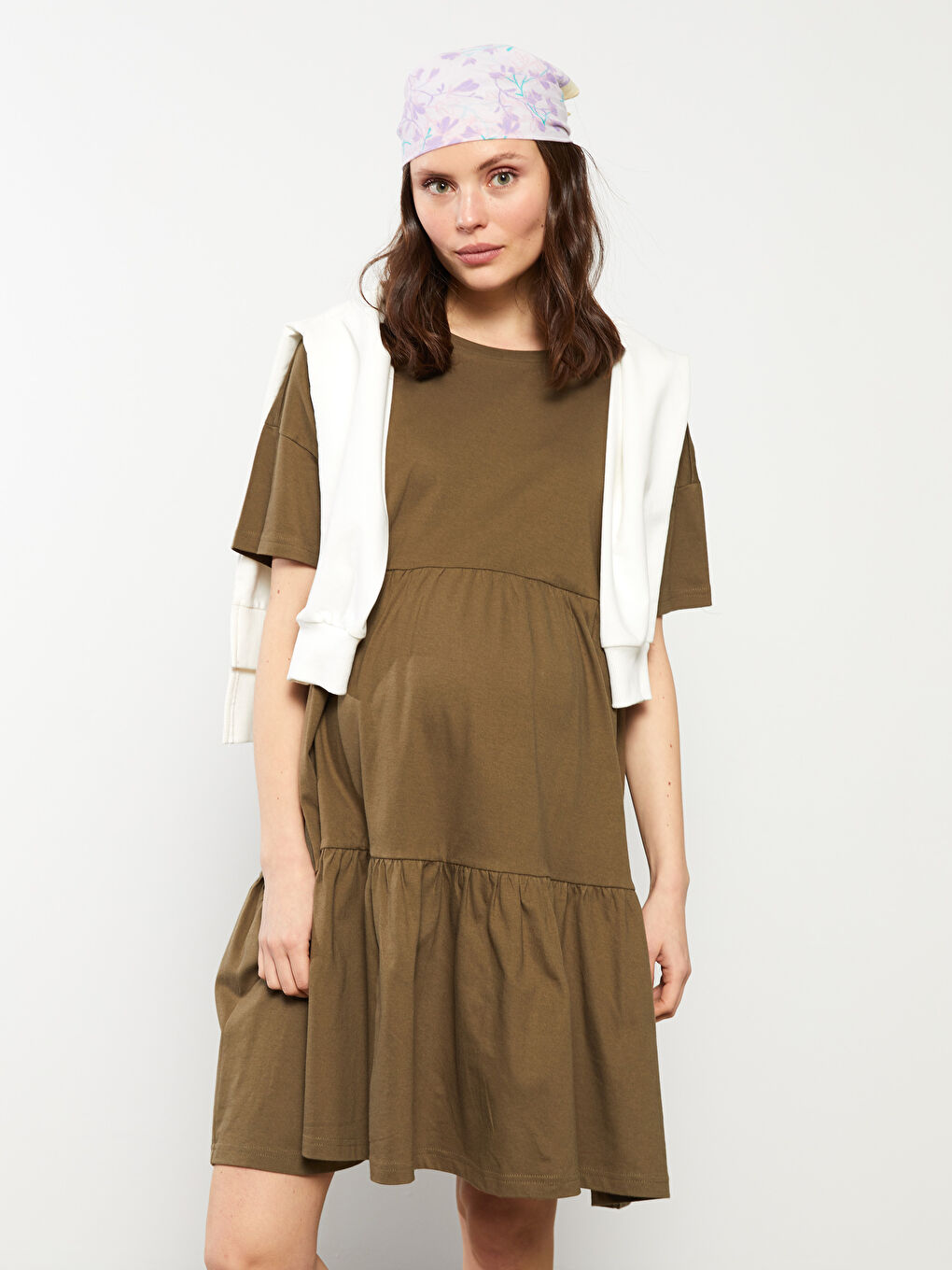 Crew Neck Straight Short Sleeve Cotton Maternity Dress -S2G641Z8-GYA