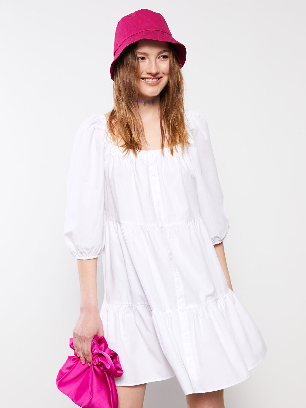 Beyaz U Yaka Düz Balon Kollu Poplin Kadın Elbise