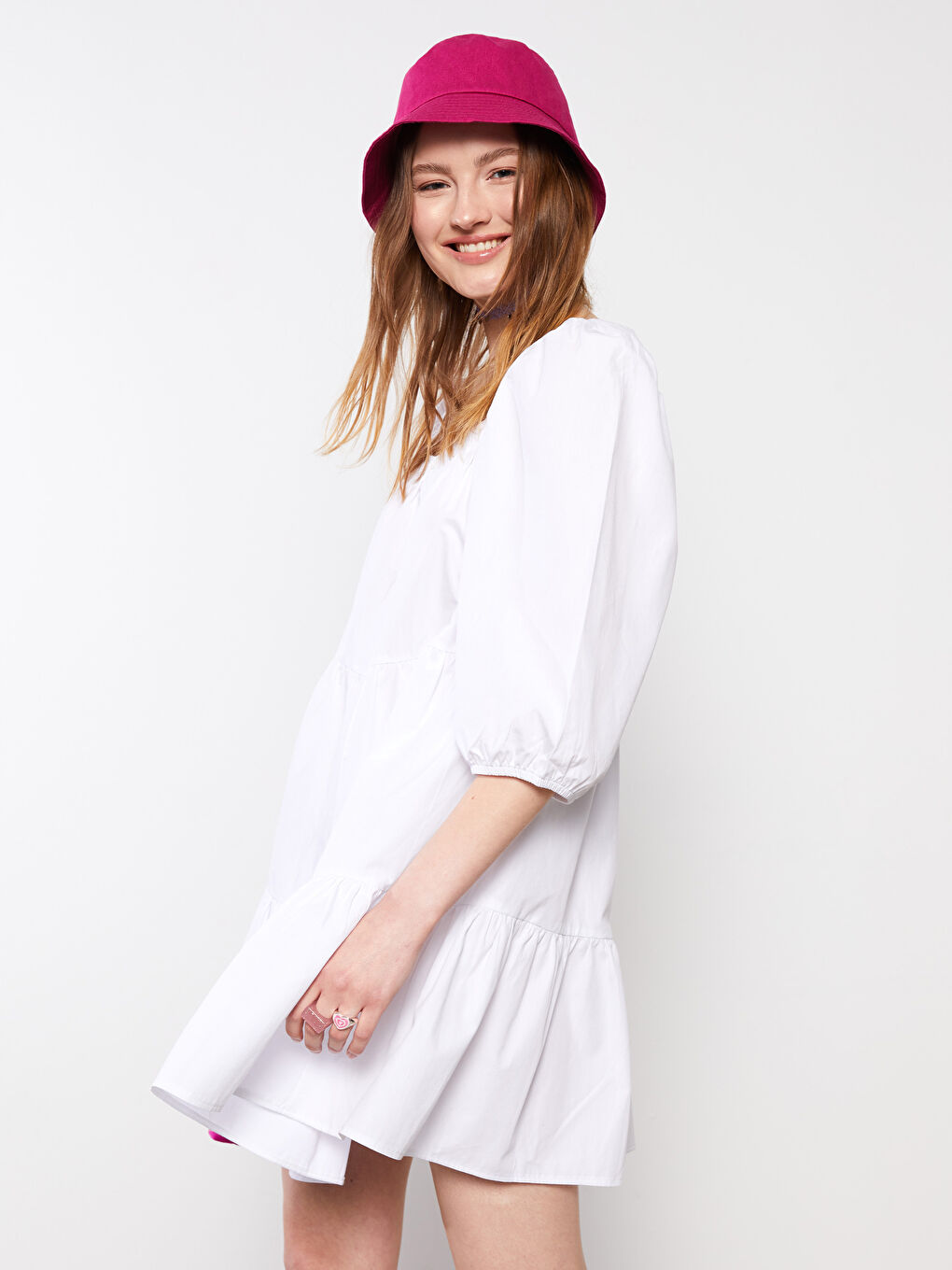 Beyaz U Yaka Düz Balon Kollu Poplin Kadın Elbise-1