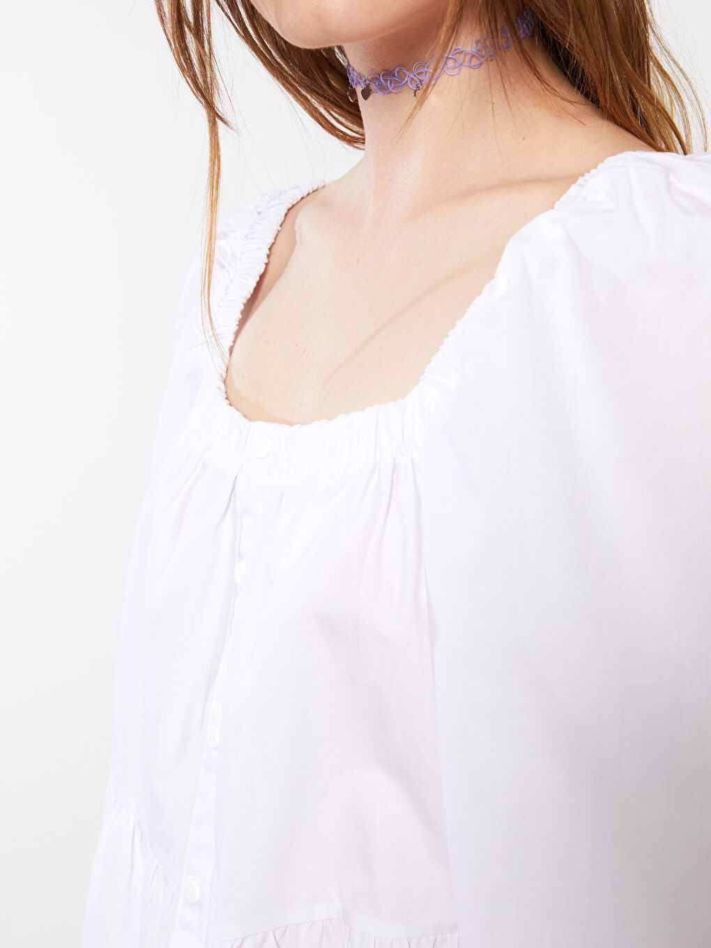 Beyaz U Yaka Düz Balon Kollu Poplin Kadın Elbise-3