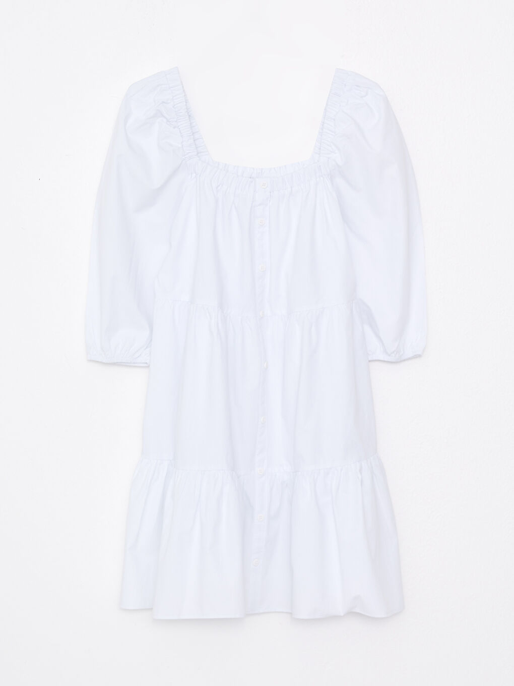 Beyaz U Yaka Düz Balon Kollu Poplin Kadın Elbise-5