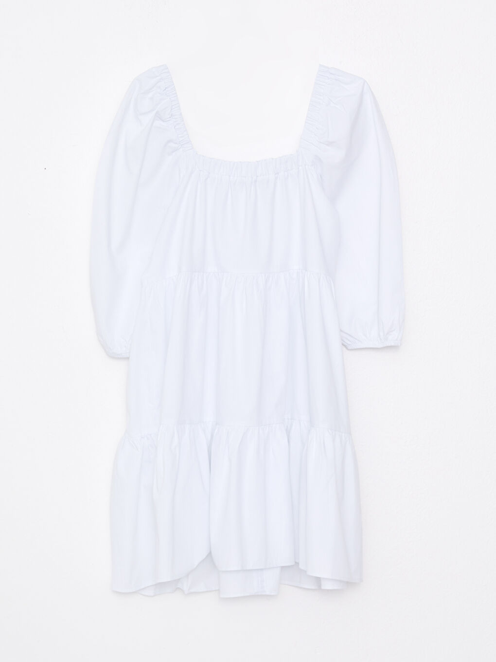 Beyaz U Yaka Düz Balon Kollu Poplin Kadın Elbise-6