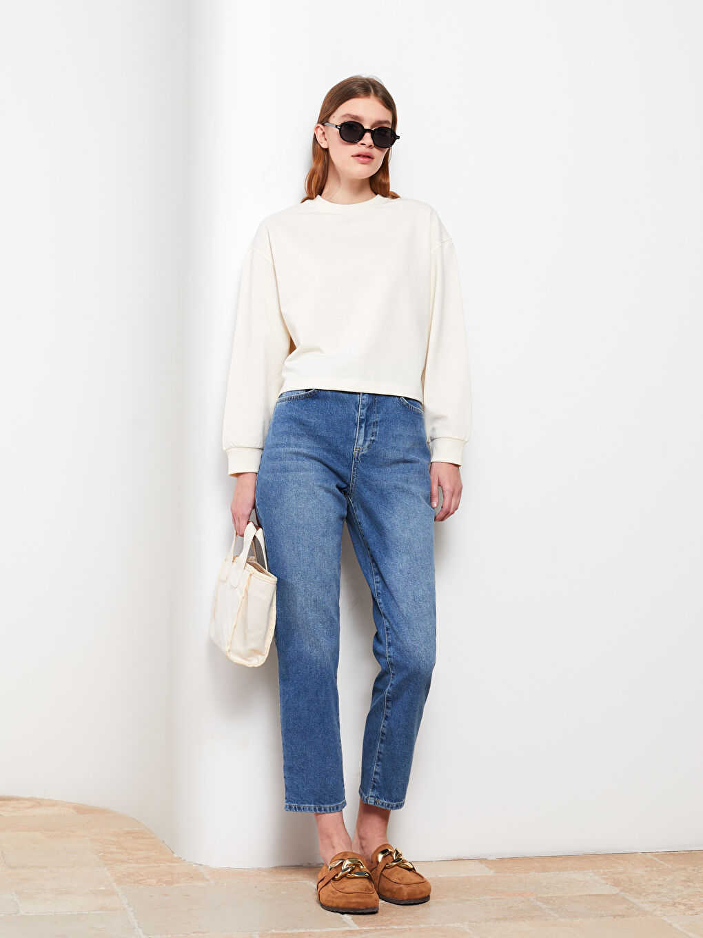 تونيك سويتشيرت كم طويل سادة بياقة دائرية للسيدات-1