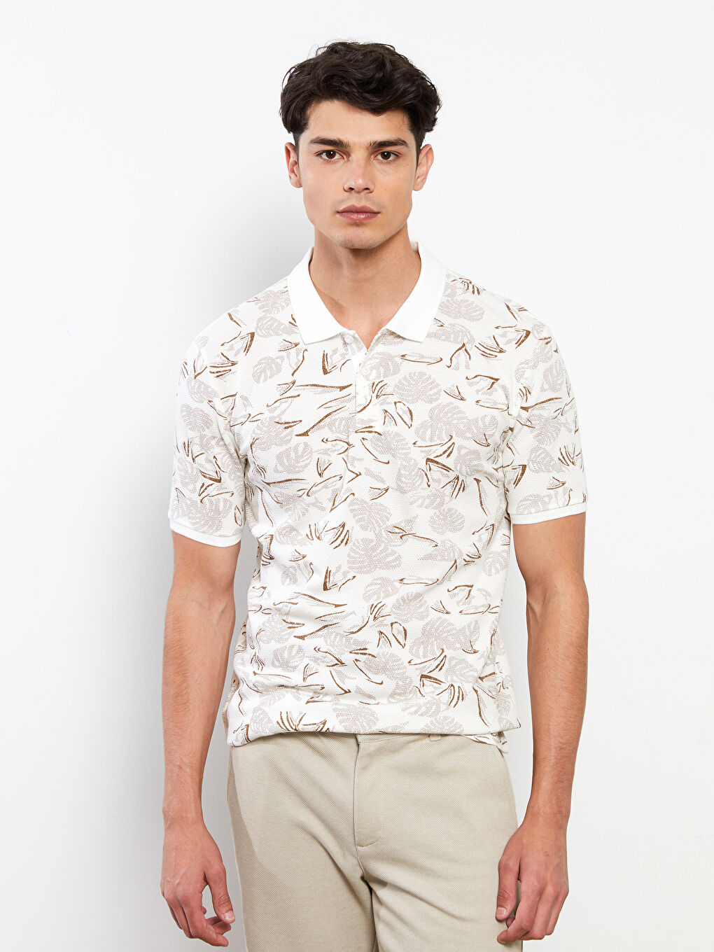 Bej Polo Yaka Kısa Kollu Pamuklu Erkek Tişört