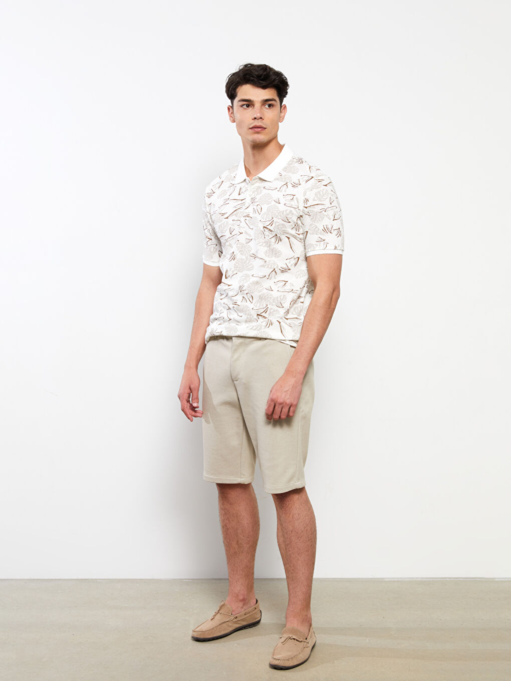 Bej Polo Yaka Kısa Kollu Pamuklu Erkek Tişört-2