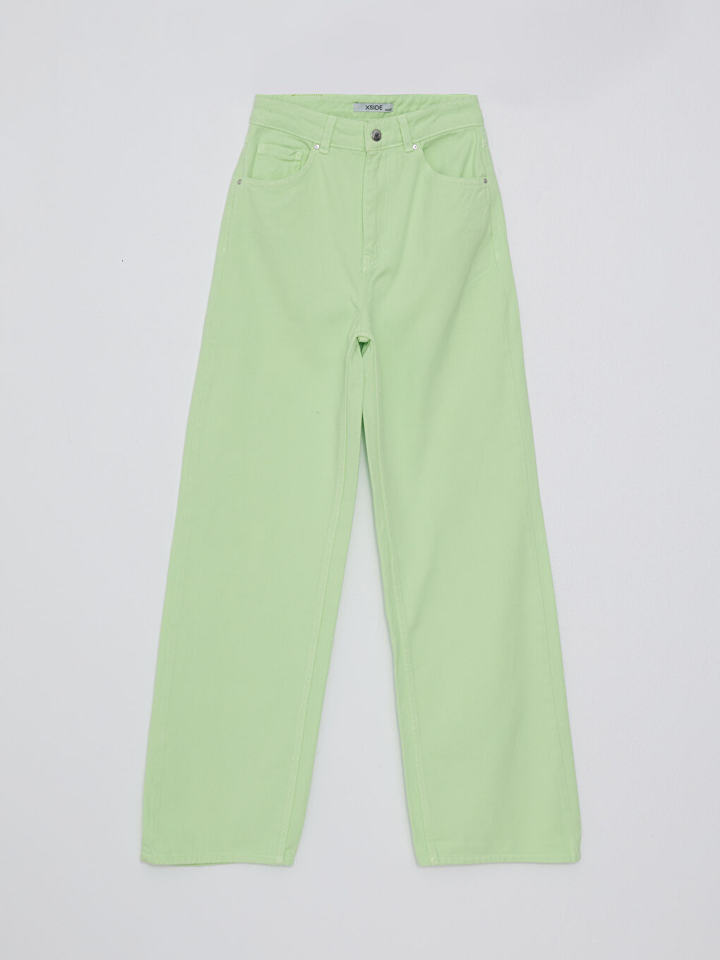 Yeşil Standart Fit Düz Cep Detaylı Geniş Paça Kadın Jean Pantolon-5