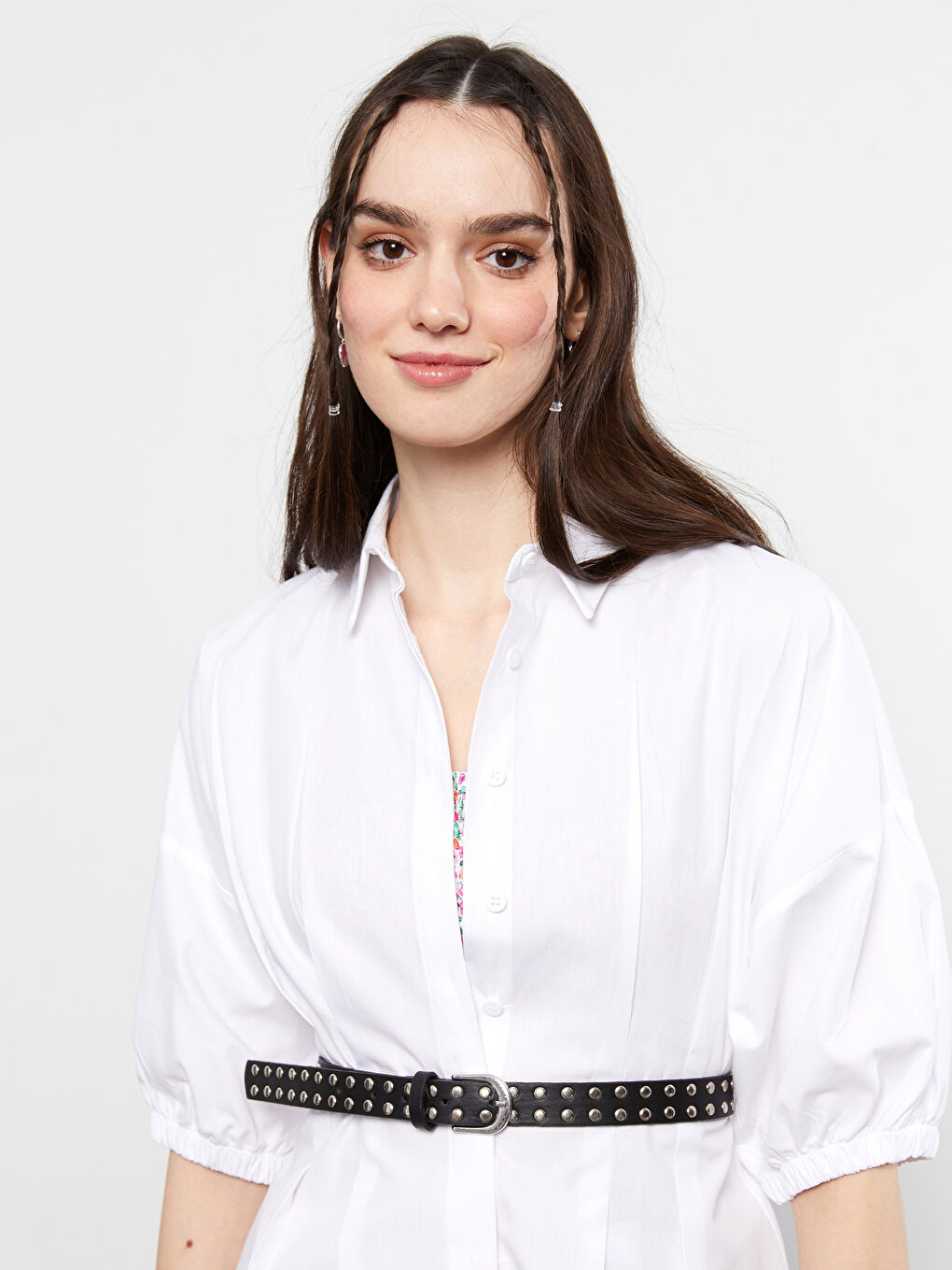 Beyaz Gömlek Yaka Düz Kısa Kollu Pamuklu Elbise-3