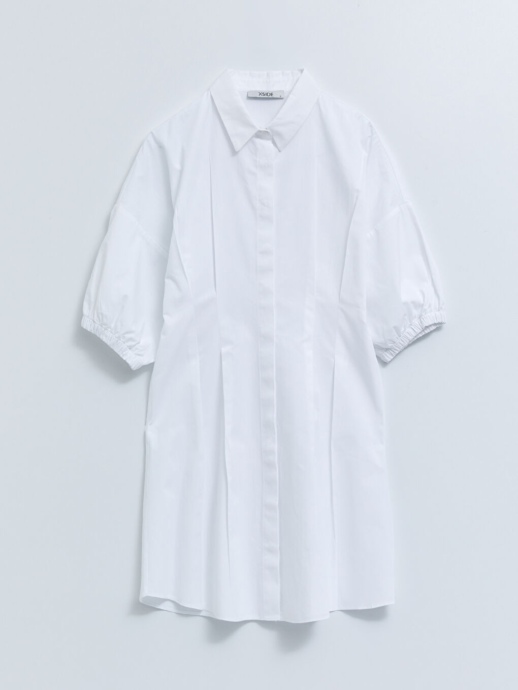 Beyaz Gömlek Yaka Düz Kısa Kollu Pamuklu Elbise-5