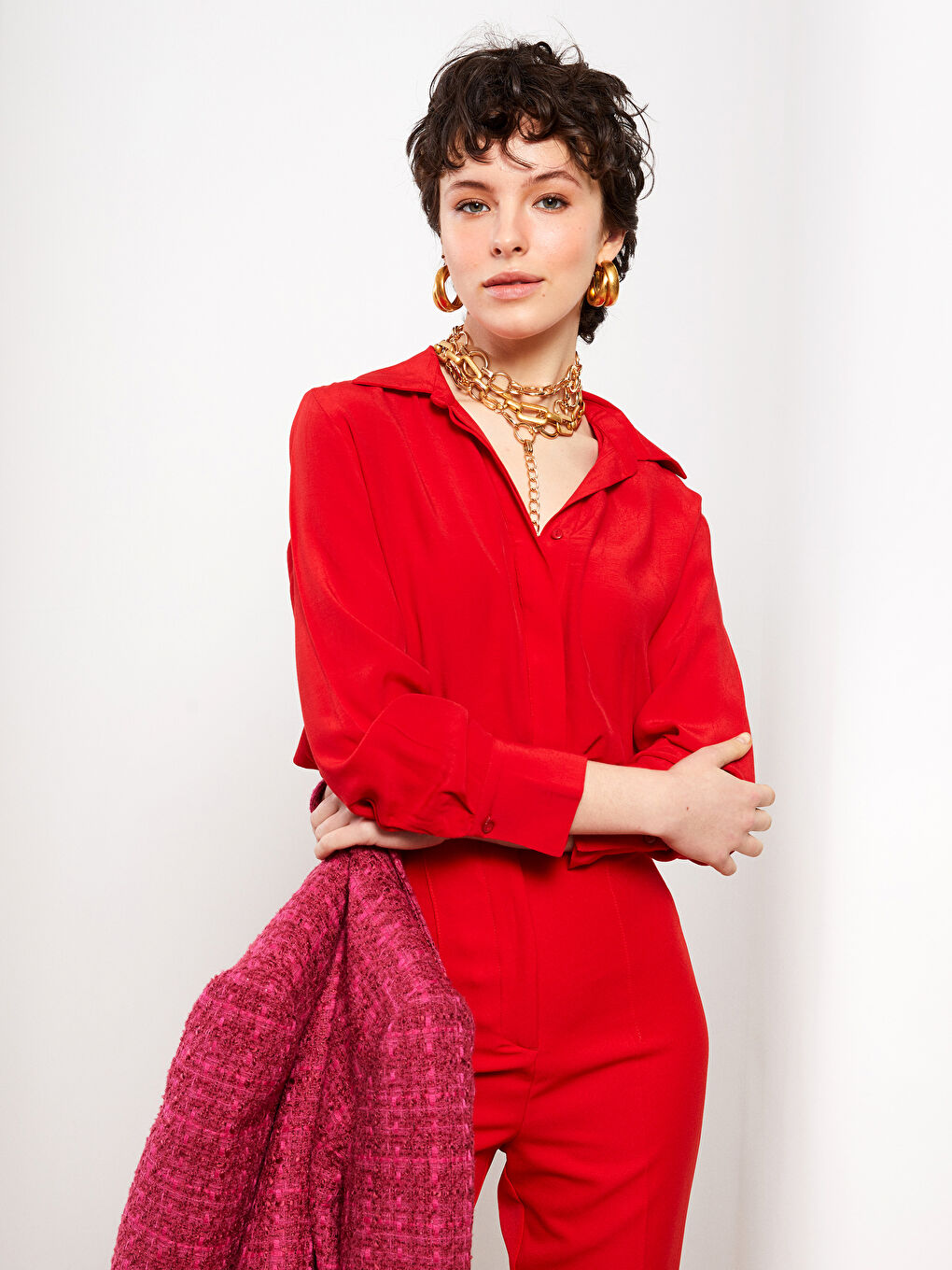 Shirt Collar Straight Long Sleeve Viscose Women's Blouse