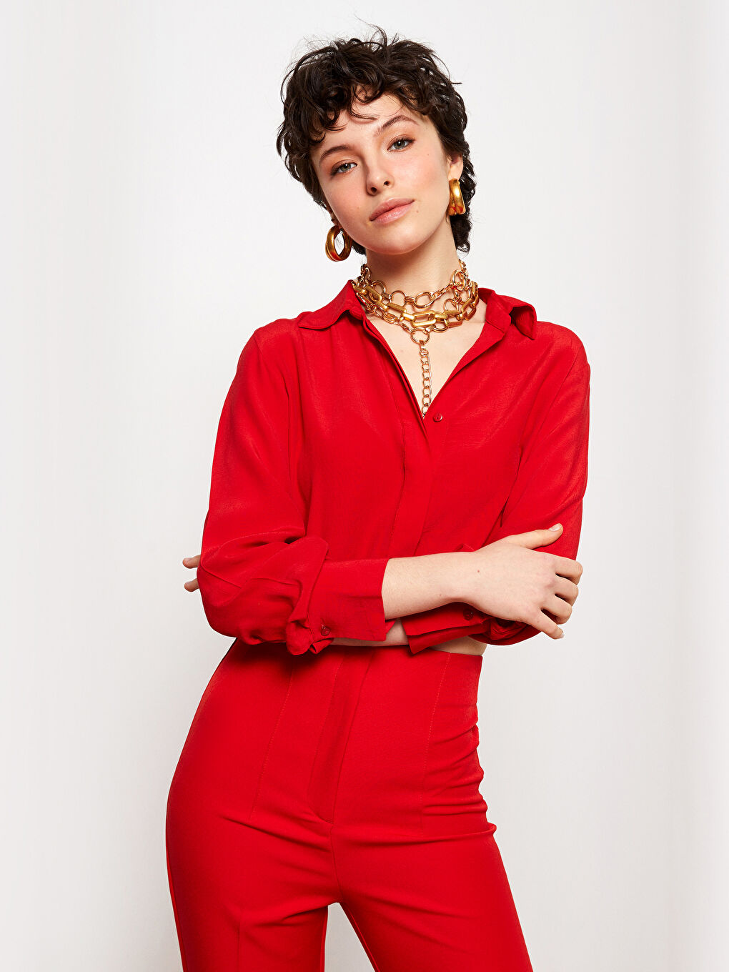 Shirt Collar Straight Long Sleeve Viscose Women's Blouse-1