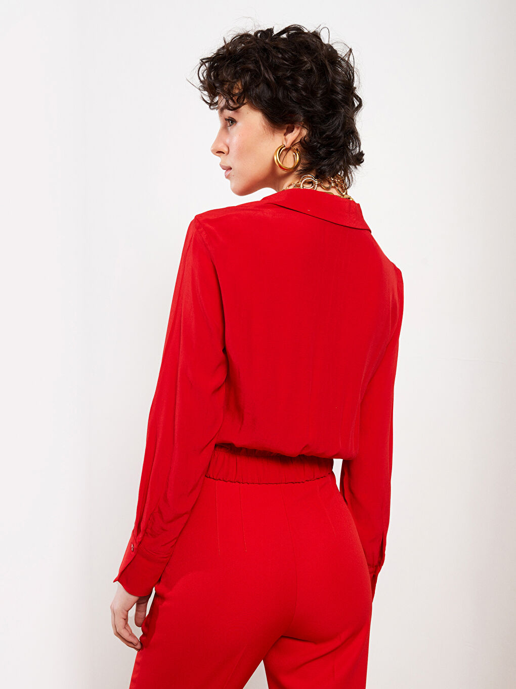 Shirt Collar Straight Long Sleeve Viscose Women's Blouse-5