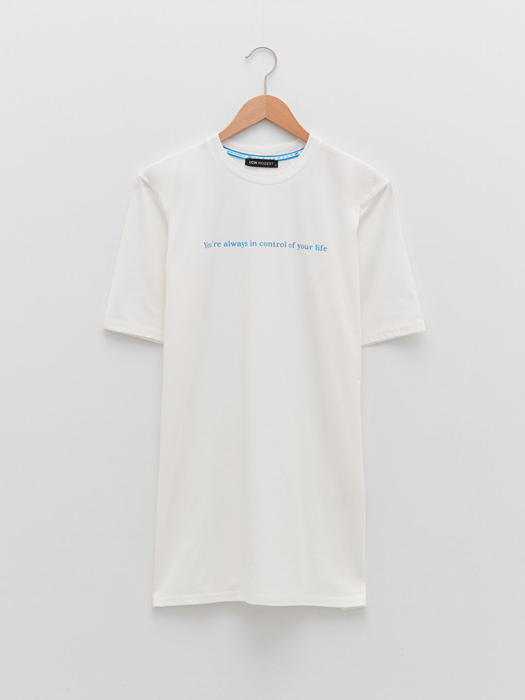 Ekru Bisiklet Yaka Yazı Baskılı Kısa Kollu Kadın Tunik-5