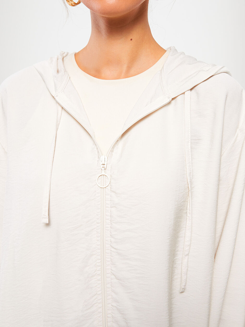 Gri Kapüşonlu Düz Uzun Kollu Kadın Ceket-4