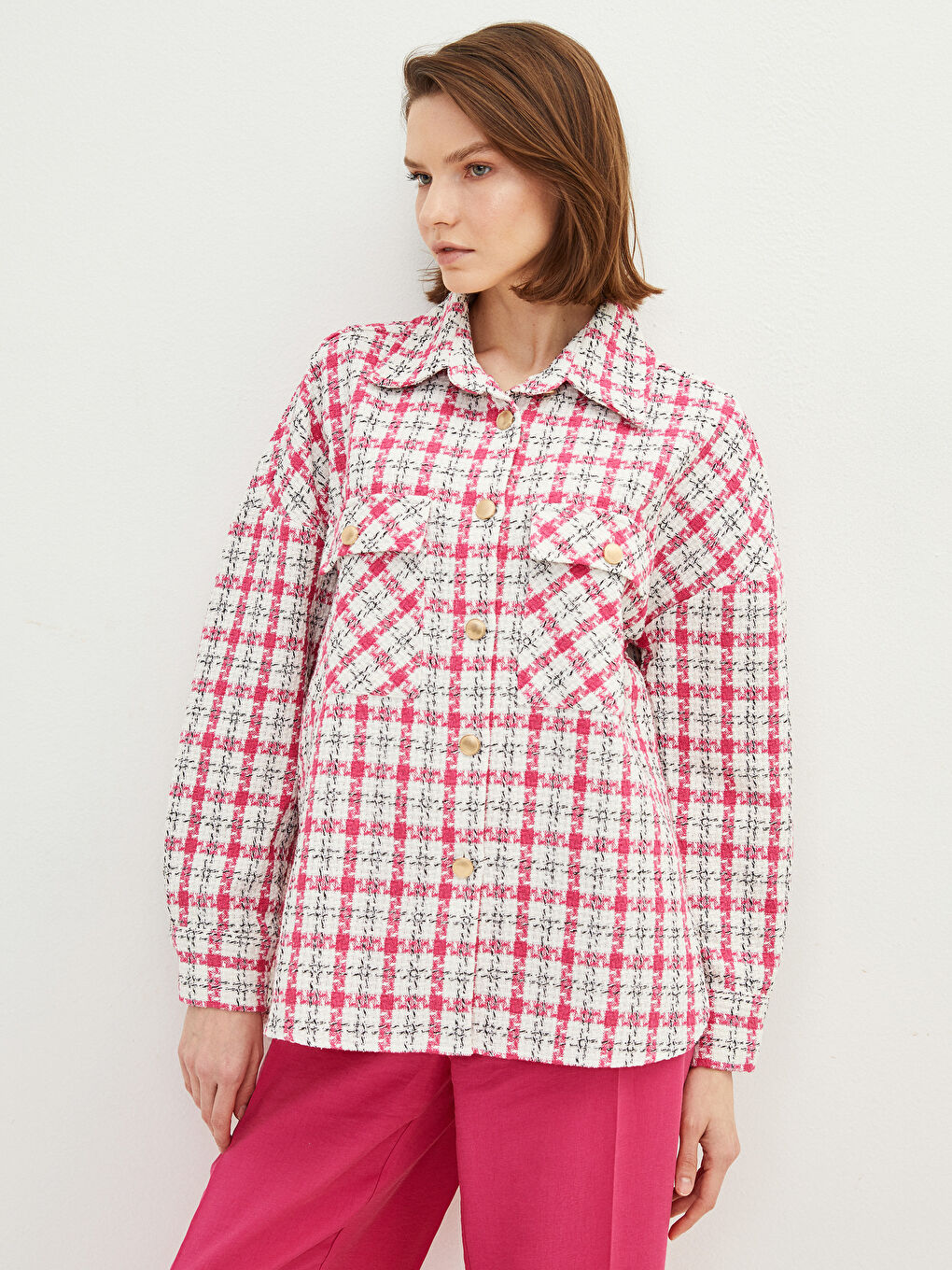 Pembe Önden Düğme Kapamalı Ekose Uzun Kollu Kadın Tüvit Gömlek Ceket-1