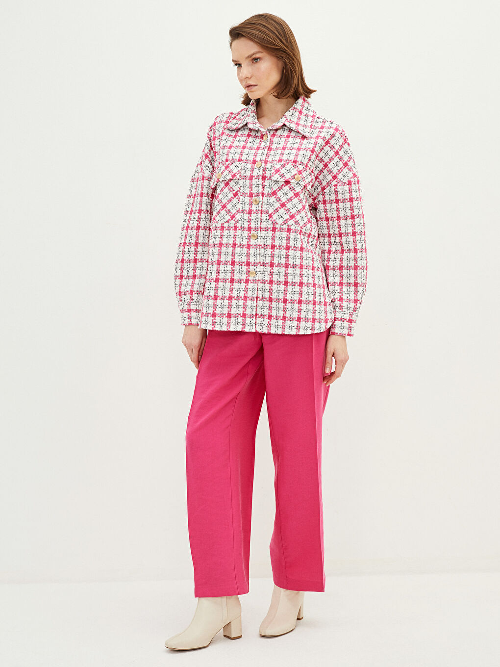 Pembe Önden Düğme Kapamalı Ekose Uzun Kollu Kadın Tüvit Gömlek Ceket-2