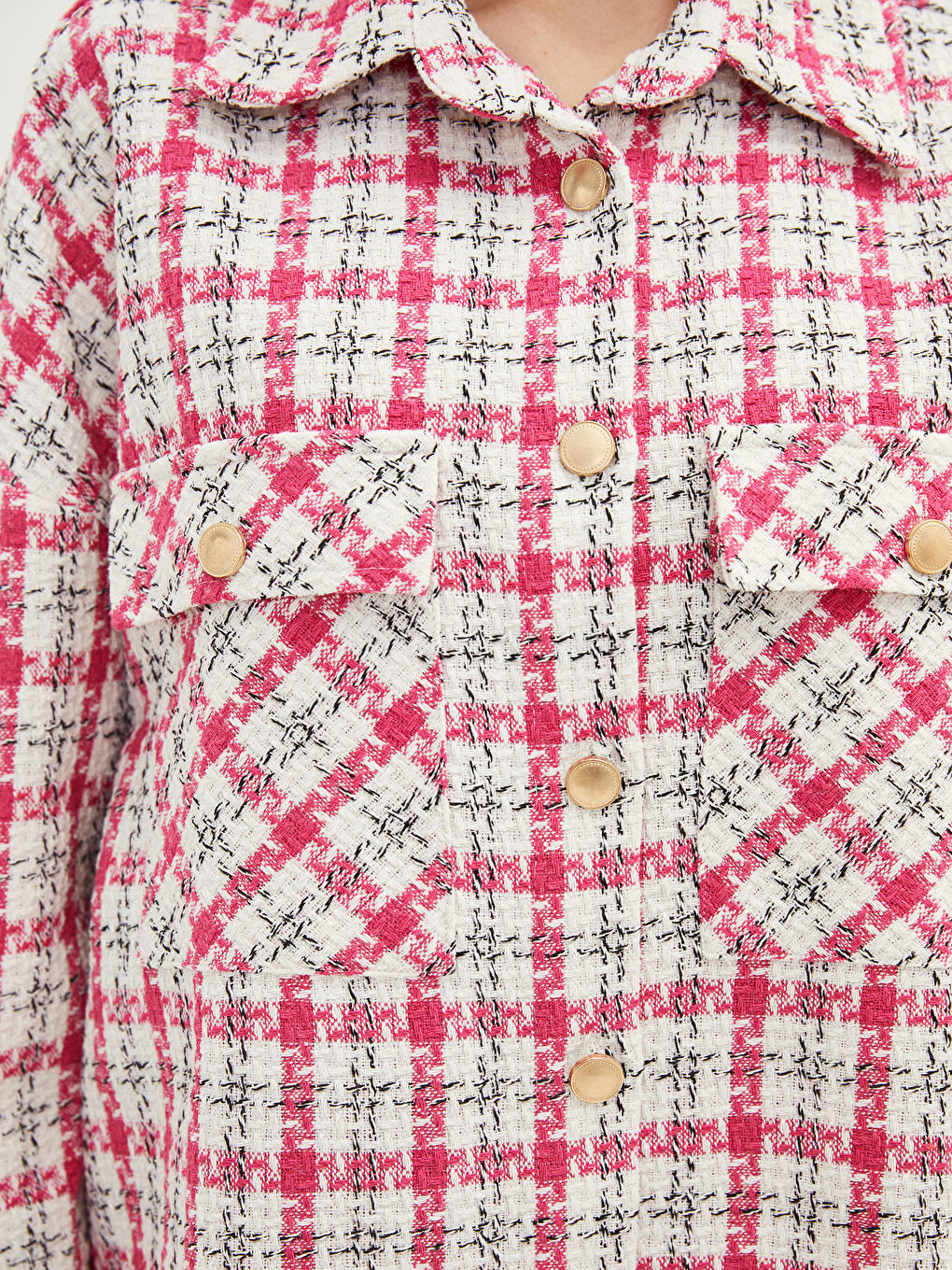 Pembe Önden Düğme Kapamalı Ekose Uzun Kollu Kadın Tüvit Gömlek Ceket-3