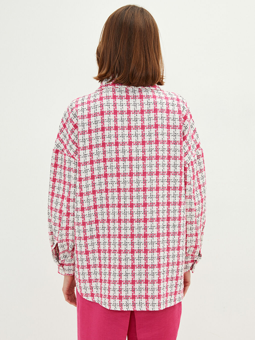 Pembe Önden Düğme Kapamalı Ekose Uzun Kollu Kadın Tüvit Gömlek Ceket-4