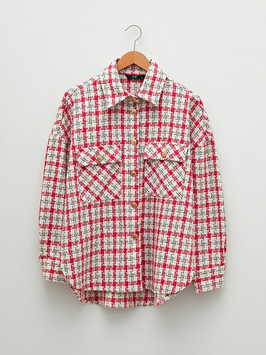 Pembe Önden Düğme Kapamalı Ekose Uzun Kollu Kadın Tüvit Gömlek Ceket-5