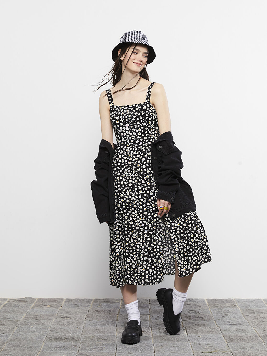 Square Neck Floral Viscose Women's Dress-1